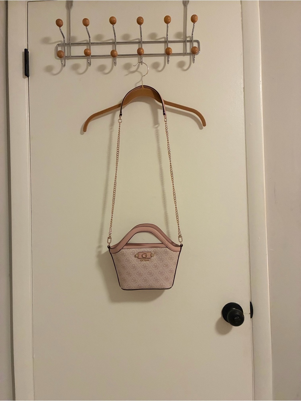 Guess Pink Logo-Print Top-Handle Crossbody with Gold Chain